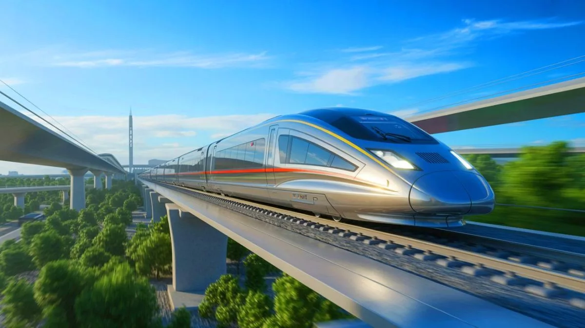 Illustration von einem chinesischen Hochgeschwindigkeitszug des Modells CR450 in voller Fahrt.