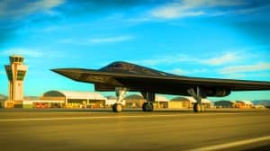 Illustration von der Ankunft des zweiten B-21 Raider-Testflugzeugs auf der Edwards Air Force Base.