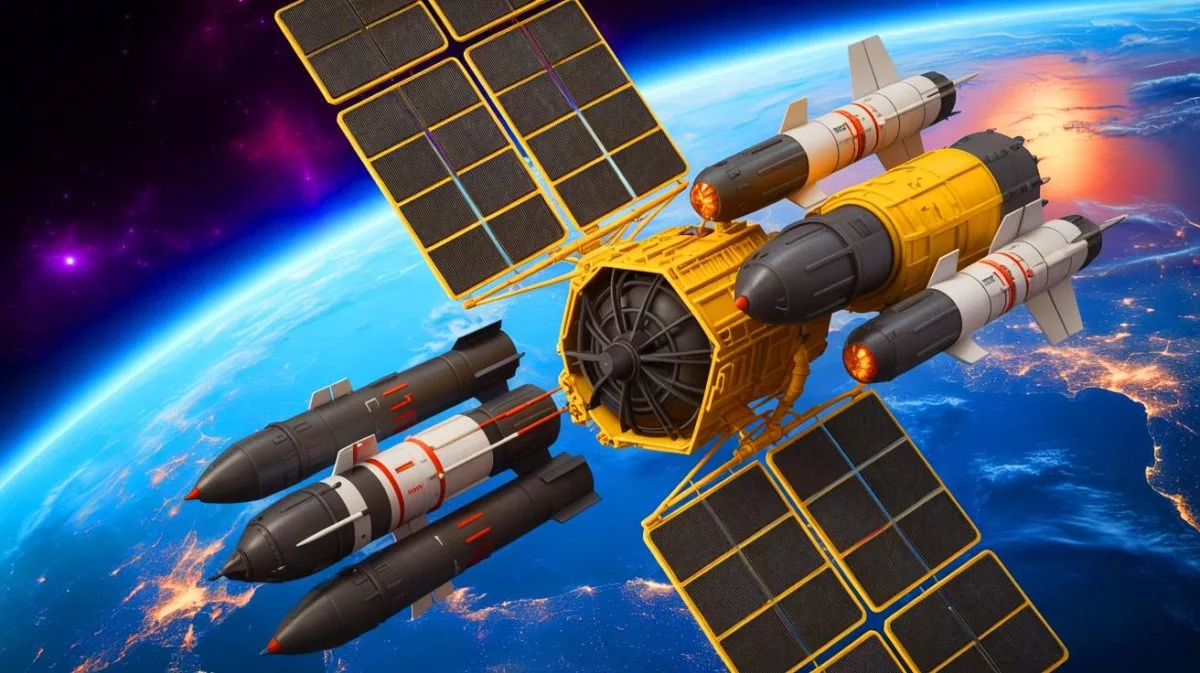 Illustration von einem weltraumgestützten Raketenabwehrsystem im Kontext der globalen Sicherheitsarchitektur.