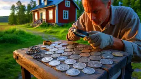 Illustration of the recently discovered 12th-century silver hoard near Stockholm, Sweden, showcasing coins and jewelry.