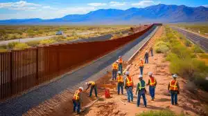 Illustration of the Army Corps of Engineers constructing a border fence at the Barry M. Goldwater Training Range in Arizona.