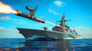Illustration de la technologie laser HELIOS de la marine américaine utilisée pour contrer des menaces aériennes.
