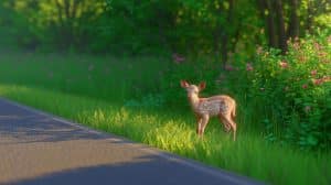 « Il croyait sauver un mouton » : ce Texan découvre un faon albinos rarissime au bord de la route (et lui sauve la vie) Illustration de la découverte et du sauvetage d'un faon albinos en détresse sur une route de campagne.