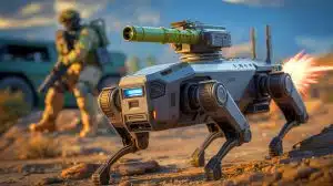Illustration de CODiAQ, le robot quadrupède autonome de Skyborne Technologies, équipé pour les missions militaires avancées.