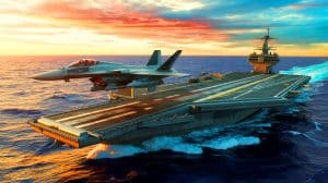 Illustration de l'observation d'un F/A-18E Super Hornet en plein décollage depuis le pont d'envol du porte-avions USS George H.W. Bush.