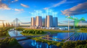 Illustration de la combinaison de l'intelligence artificielle et de l'énergie nucléaire avancée sur des sites historiques.