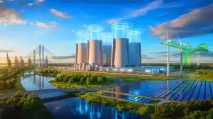 Illustration de la combinaison de l'intelligence artificielle et de l'énergie nucléaire avancée sur des sites historiques.