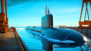 Illustration de la mise à l'eau du sous-marin nucléaire d'attaque De Grasse, symbole de modernisation de la marine française.