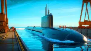 Illustration de la mise à l'eau du sous-marin nucléaire d'attaque De Grasse, symbole de modernisation de la marine française.