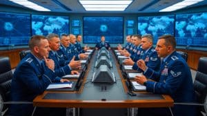 Illustration of Air Force personnel discussing strategic defense priorities at the Air & Space Force Association’s Conference.