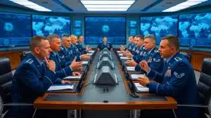 Illustration of Air Force personnel discussing strategic defense priorities at the Air & Space Force Association’s Conference.