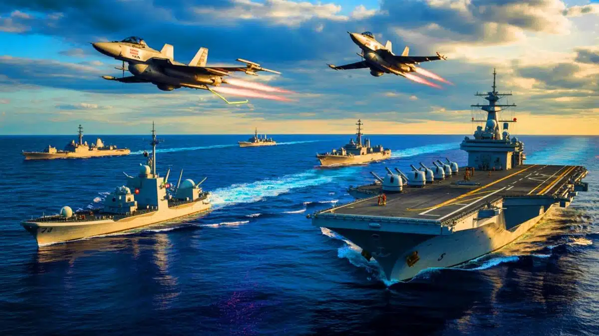 “Chinese Jets Simulate Missile Strikes on HMS Richmond”: Royal Navy Harassed in Taiwan Strait as Beijing Tests Britain’s Resolve in Disputed Waters Illustration of Chinese military conducting drills near British Naval vessels in the Taiwan Strait and South China Sea.