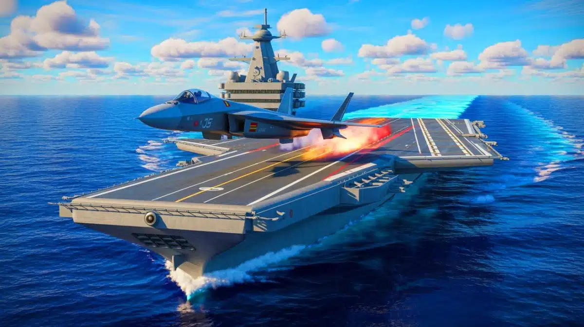 “China Tests Fujian, Warns Rivals”: The 80,000-Ton Carrier Sparks Tension As Regional Navies Race To Counter Escalating Power Projection Illustration of the Chinese aircraft carrier Fujian launching a J-35 naval fighter jet.