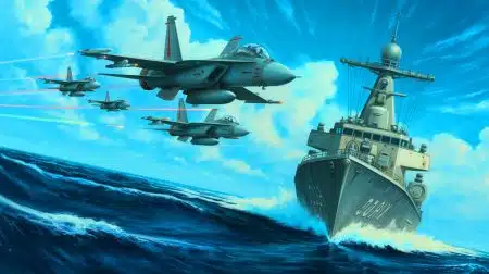 Illustration of Chinese fighter jets simulating an attack on a Royal Navy warship in the Taiwan Strait.