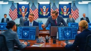 Illustration of lawmakers questioning the reassignment of cybersecurity staff to immigration roles.