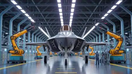 „Alle 30 Stunden ein F-35-Rumpf“: Northrop Grumman Beschleunigt Produktion Mit Hightech-Automatisierung Und Roboterlinien In Kalifornien Illustration von der fortschrittlichen Produktionstechnologie für F-35 Lightning II Kampfflugzeuge.