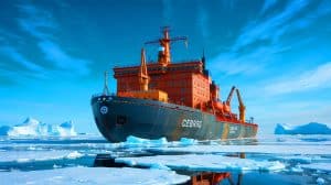 Illustration of the U.S. Coast Guard Cutter Polar Sea navigating through polar ice.