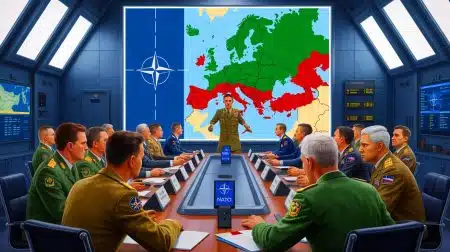 Illustration of NATO allies debating responses to Russian airspace incursions.