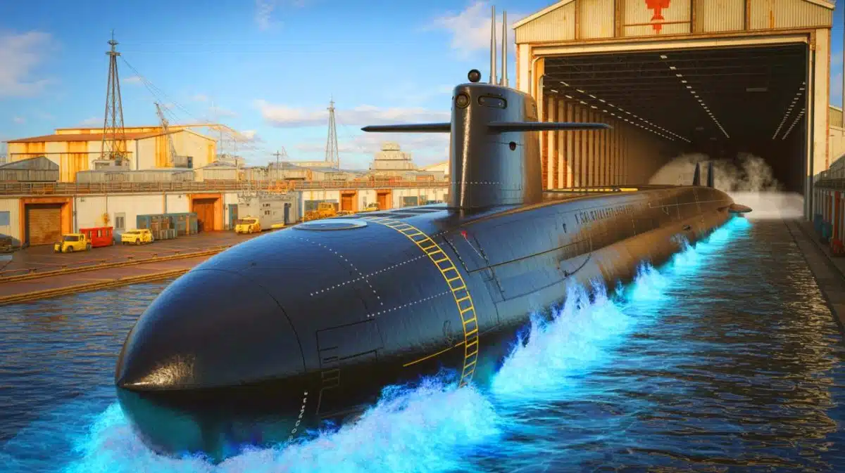 Illustration of the De Grasse submarine being unveiled as part of France's Barracuda-class nuclear-powered attack submarine program.