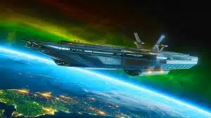Illustration de la collaboration entre Gravitics et l'U.S. Space Force pour le développement d'un porte-avions orbital.