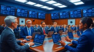 Illustration of a coalition of industry groups and former officials advocating for open-source intelligence in Congress.