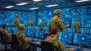 Illustration of military AI systems with integrated cybersecurity measures ensuring safe and effective operations.