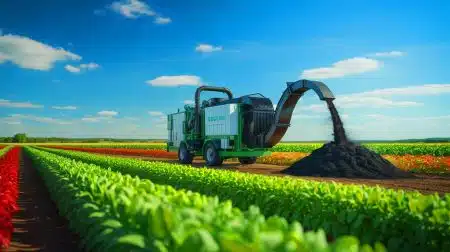 Illustration of a mobile biochar production unit operating on a farm to capture atmospheric CO2.