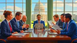 Illustration of lawmakers urging action to reinstate furloughed nuclear-security staff to safeguard national security.