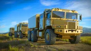 Illustration de camions militaires autonomes conçus par Oshkosh Defense pour améliorer la logistique sur le champ de bataille.