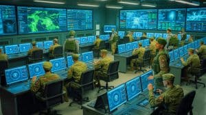 Illustration de l'intégration de l'intelligence artificielle dans les opérations militaires avec des garde-fous adaptés.