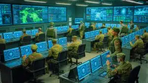 Illustration de l'intégration de l'intelligence artificielle dans les opérations militaires avec des garde-fous adaptés.