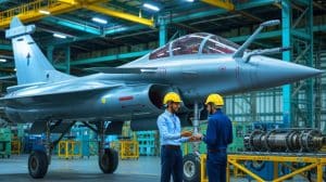 Illustration von der Zusammenarbeit zwischen Indien und Frankreich bei der lokalen Produktion von Rafale-Kampfflugzeugen.