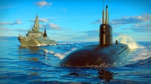 Illustration of a French Navy vessel watching the surfaced Russian submarine Novorossiysk.