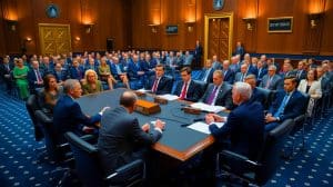Illustration of U.S. Sen. Angus King questioning Defense Secretary nominee Pete Hegseth on Capitol Hill.
