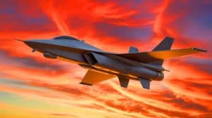 Illustration of the X-BAT unmanned fighter jet demonstrating vertical takeoff and landing capabilities.
