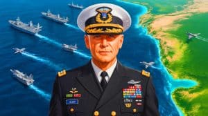 Illustration of Admiral Alvin Holsey stepping down from his role as SOUTHCOM commander amid geopolitical tensions.