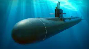 Illustration of the Virginia Block V submarine showcasing its enlarged hull and advanced missile capabilities.