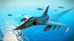 Illustration of a French Mirage 2000-5F Fighter Jet Intercepting Houthi Drones Over the Red Sea.