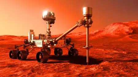 Illustration of the ExoMars Rosalind Franklin Rover drilling below the Martian surface.