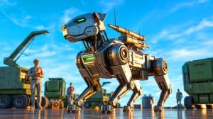 Illustration of a war-ready robot dog equipped with modular weapons and AI technology.