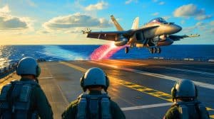 Illustration of President Donald Trump and Adm. Daryl Caudle observing an F/A-18E Super Hornet launching from the USS George H.W. Bush.