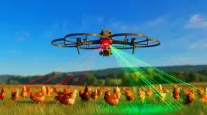 Illustration of a drone equipped with a laser-grid projector used to protect poultry farms from wildlife.