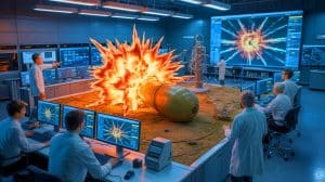 Illustration of advanced blast simulation software being used to model underground shock waves from unexploded WWII bombs.