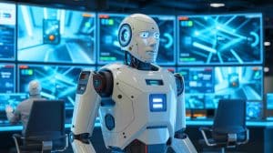 Illustration of ARGUS autonomous robot integrating robotics and cybersecurity for dual-defense systems.