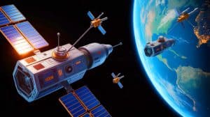 Illustration of Strategic Satellite Defense and Offense Systems in Space.