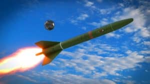 Illustration of a U.S. military missile interacting with an unidentified anomalous phenomenon in mid-air.