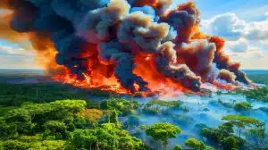 “See What We’ve Done to the Amazon”: These Unstoppable Fires Released More Carbon Than Germany (and Scientists Warn the Worst Is Yet to Come) Illustration of the Amazon rainforest engulfed in fires releasing significant carbon emissions.