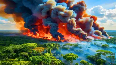 Illustration of the Amazon rainforest engulfed in fires releasing significant carbon emissions.