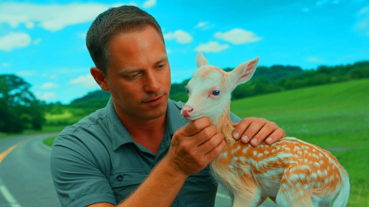 “He Thought It Was a Sheep”: Texas Driver Rescues Rare Albino Fawn by the Roadside (and It’s a Miracle It Survived) Illustration of an albino fawn being rescued by a compassionate individual on a Texas road.