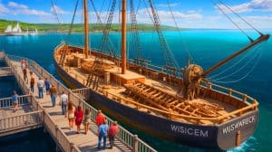 “This Museum Reveals a Hidden Border Story”: How the Great Lakes Once Carried Freedom, Trade, and Secrets Between the U.S. and Canada (and Still Do) Illustration of the Wisconsin Maritime Museum highlighting its exhibits on Great Lakes history and cross-border connections.